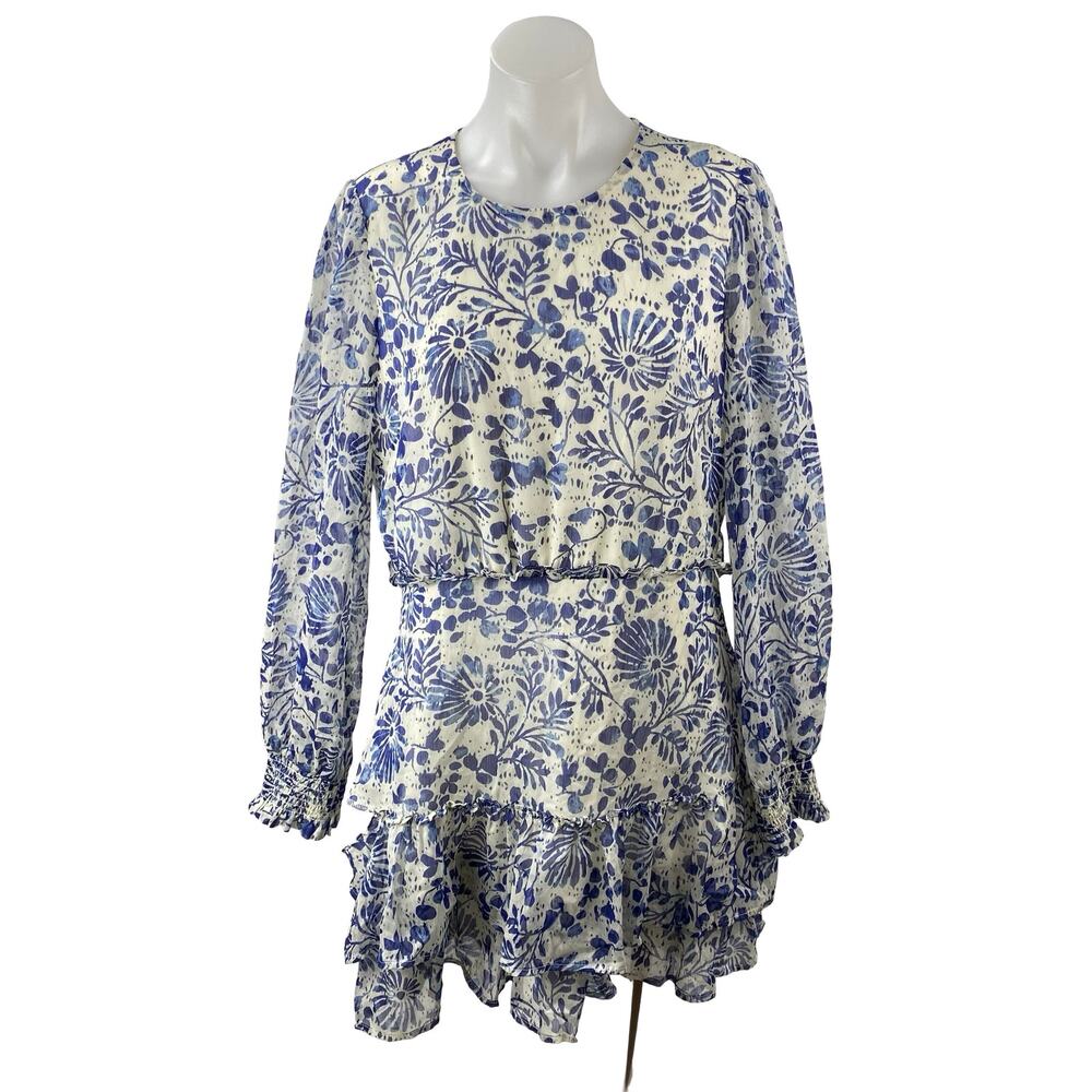 Aqua Women's Blue Floral Ruffled Tiered Long Sleeve Mini Flare A-Line Dress XL